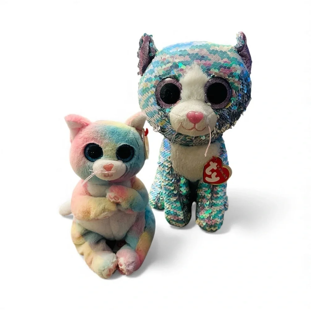 Ty Flippables Whimsy Sequin Cat Plush & Ty Jenni the Rainbow Cat